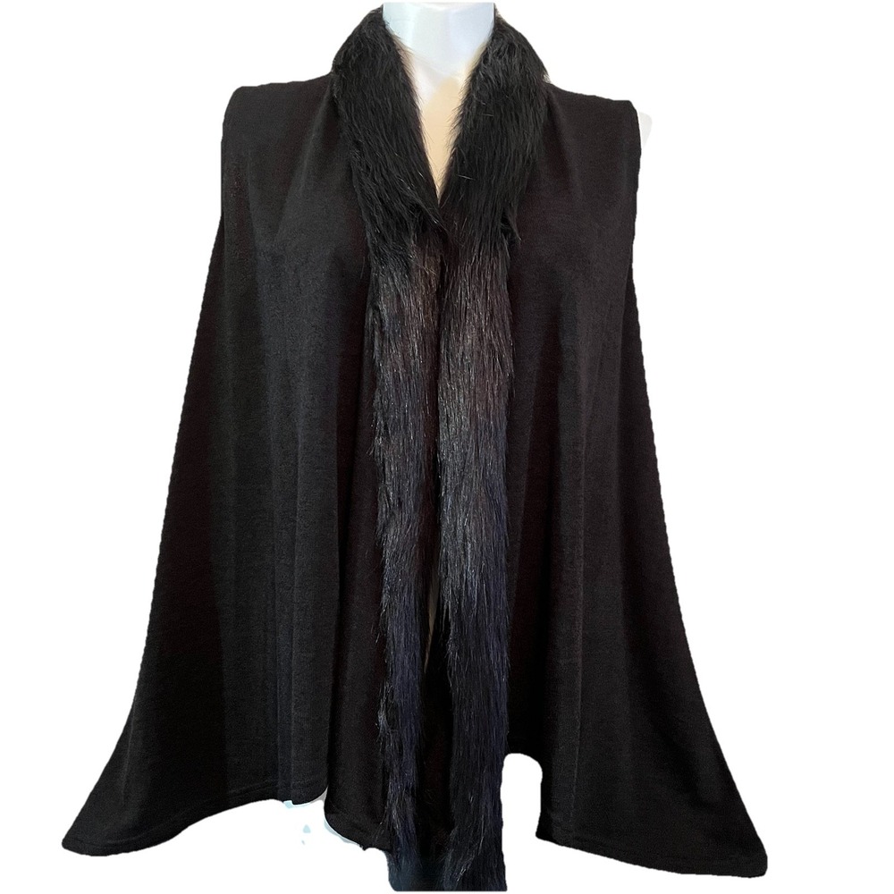 VTG Poncho Sweater Vest Faux Fur Trim Women's L Black Mom Chic Cozy Layer Urban